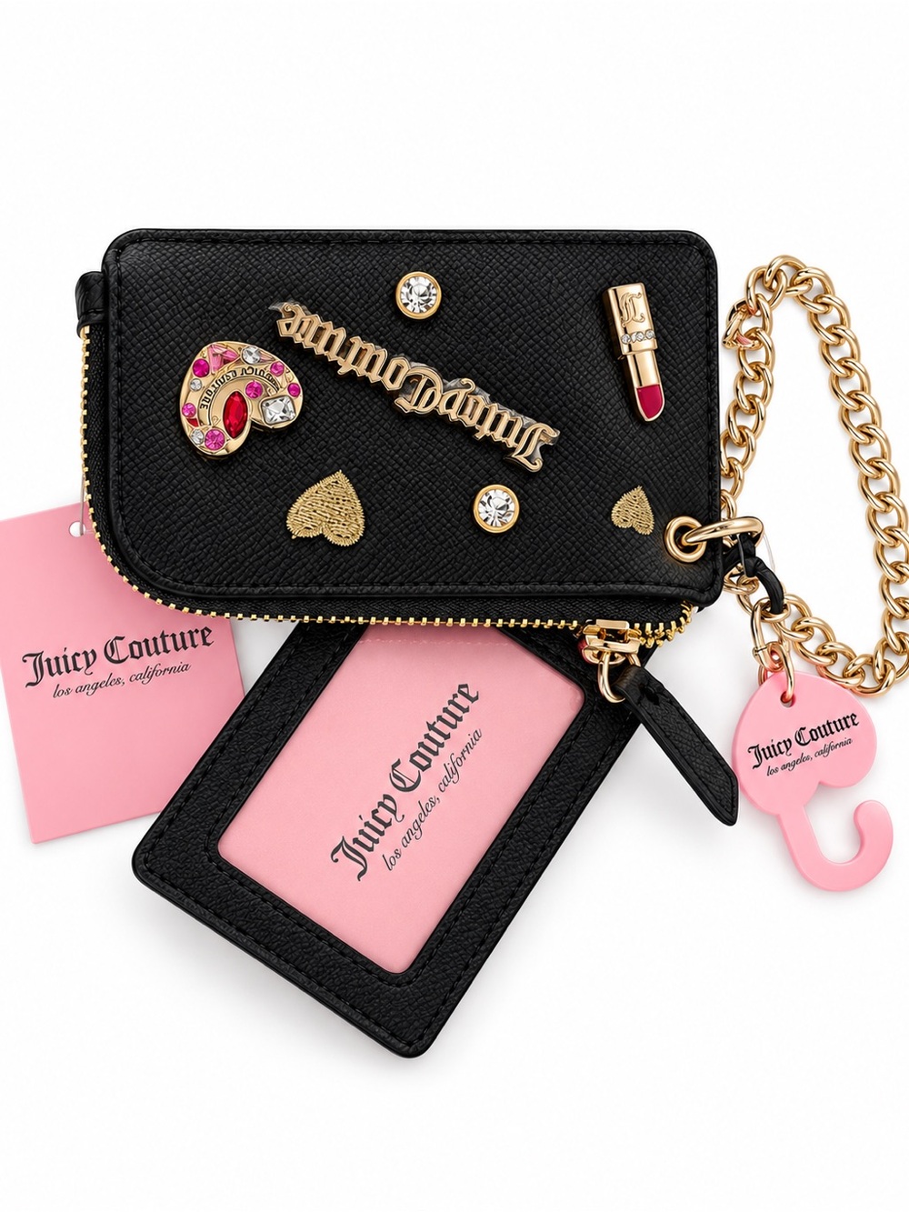 Juicy Couture Black Card & Key Holder with Gold Chain and Pink Accents